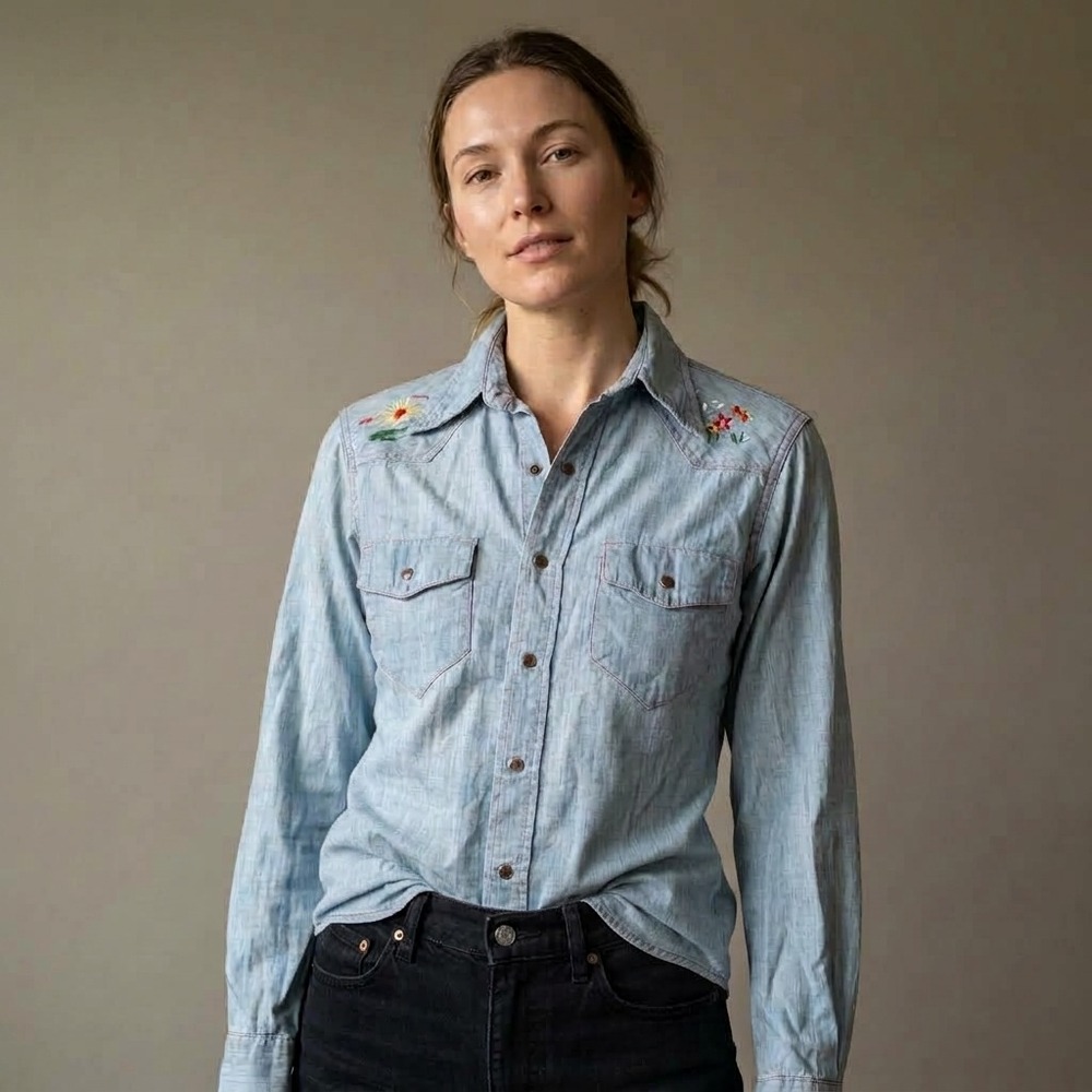 PALOMINO Women Western Shirt M Light Blue Cotton Embroidered Boho Cowgirl